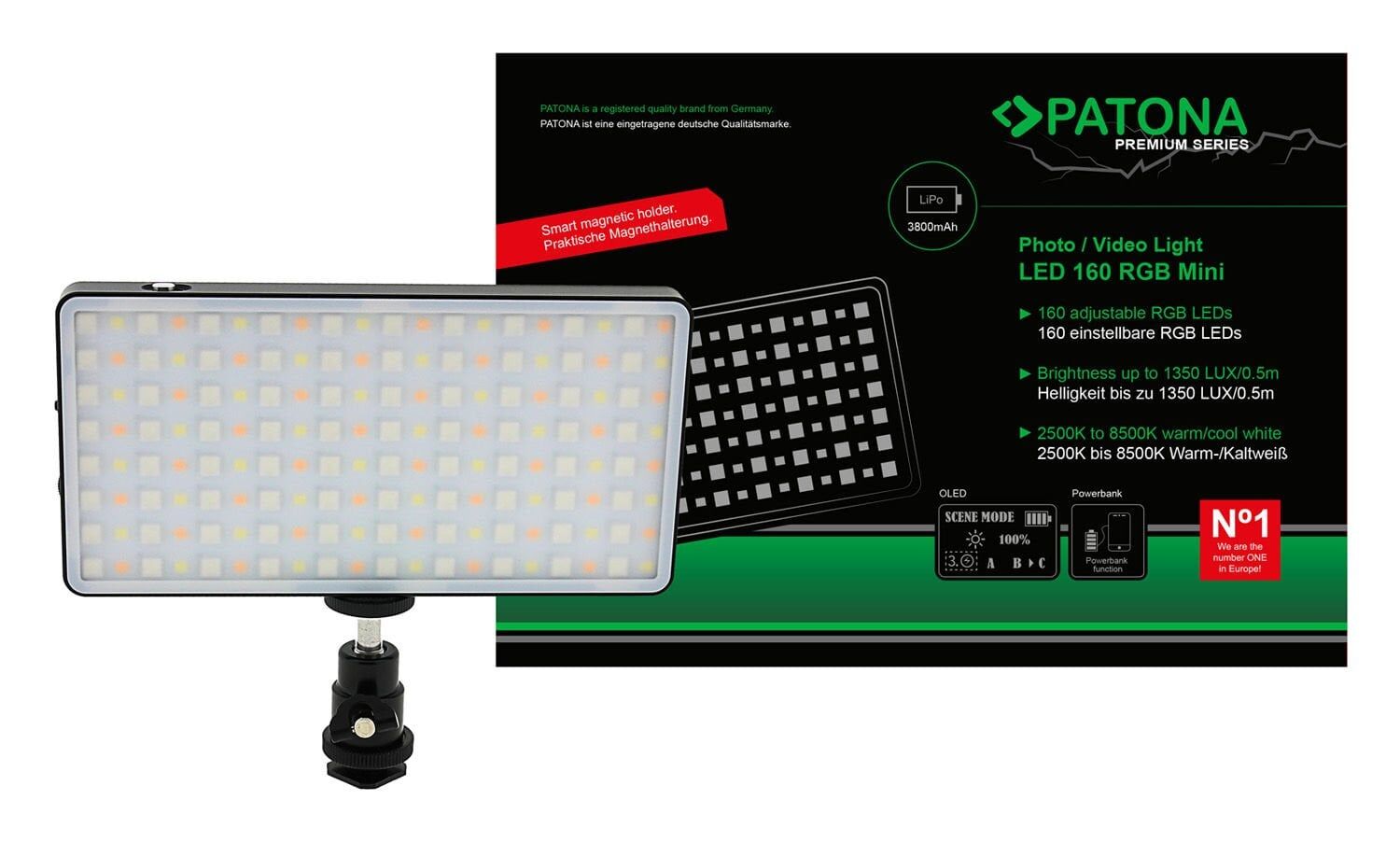 PATONA 4290 PREMIUM LED RGB Photo and Video light with 160 adjustable RGB LEDs and 3 scenes