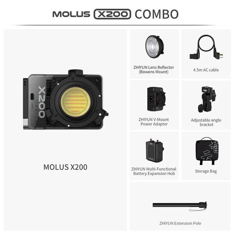 Zhiyun Molus X200 Combo Paket 200W COB Taşınabilir LED Video Işığı - Siyah